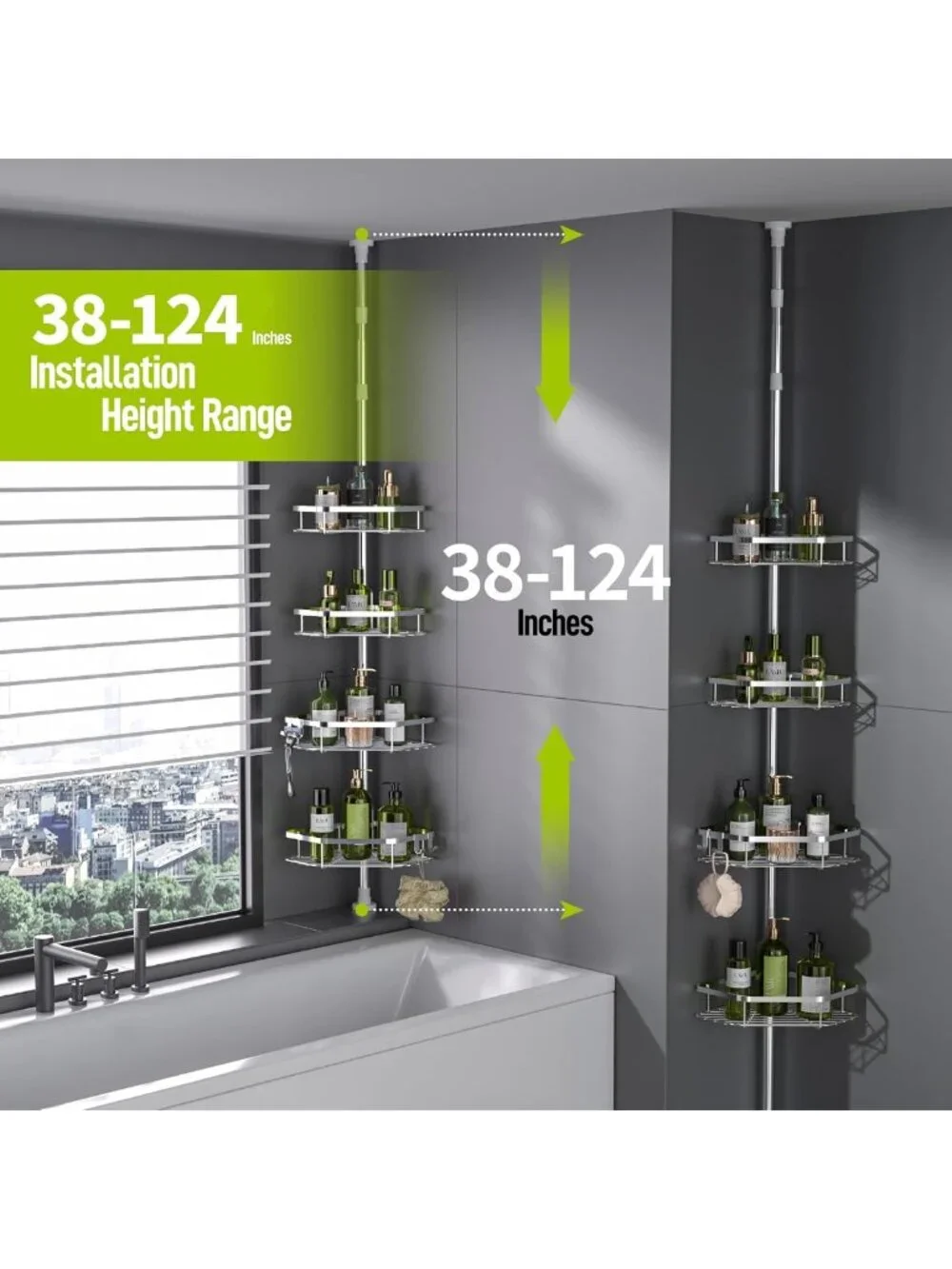 Stainless Steel Corner Shower Caddy - Adjustable 4-Tier Organizer with Hooks